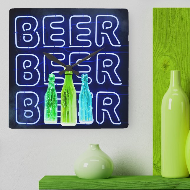 Horloge Carrée Panneau de bières néon LED Royal Blue (Beer Clock with mock neon bar sign design.)