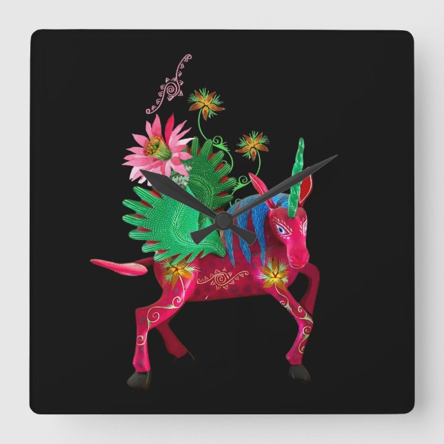 Horloge Carrée Panneau en bois rose Alebrije Mexicaine (Recto)