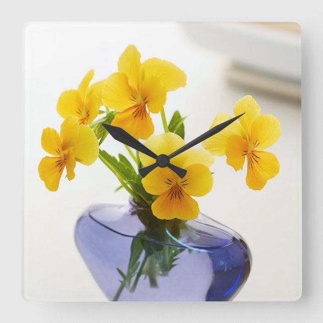 Horloge Carrée Pansies jaunes Vase violette Fleurs de Spa Bain de (Recto)