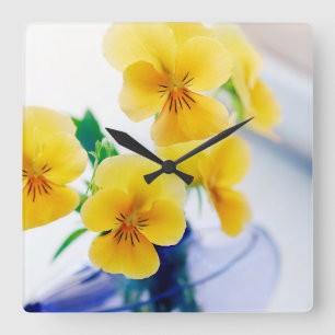 Horloge Carrée Pansies jaunes Vase violette Fleurs de Spa Bain de