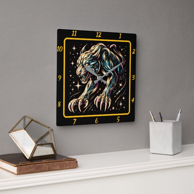 Horloge Carrée Panther noir Neon Jungle Timepiece (Bureau)