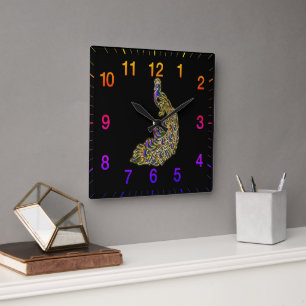 Horloge Carrée Paon doré et violet brillant de mille feux