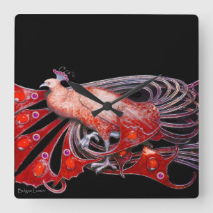 HORLOGE CARRÉE PAON ÉLÉGANT EN ROUGE ET NOIR
