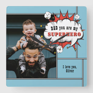 Horloge Carrée Papa Superhero Comic Speech Bubble Photo