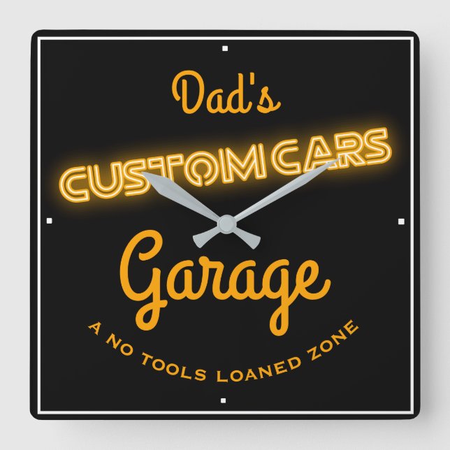 Horloge Carrée Papa's Custom Cars Garage Gold Faux Neon Funny (Recto)