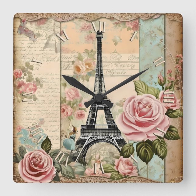 Horloge Carrée papier chic shabby paris - (Recto)