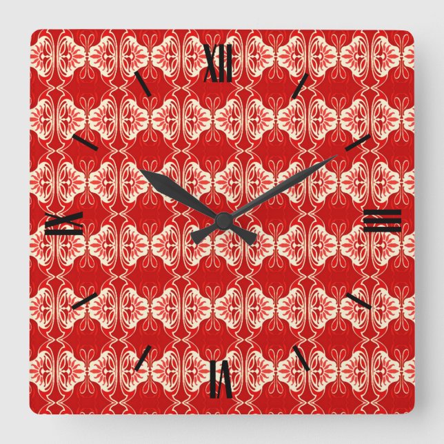 Horloge Carrée Papier peint Art Déco motif - rouge et blanc (Recto)