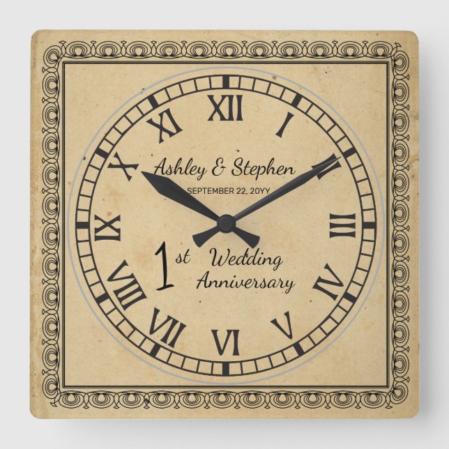 Horloge Carrée Papier rustique 1er anniversaire Mariage (Recto)