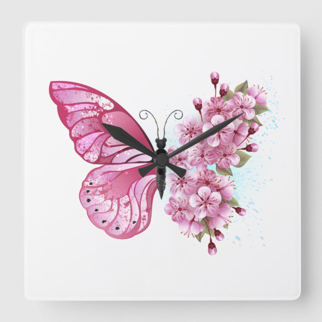 Horloge Carrée Papillon à fleurs avec Sakura rose (Recto)