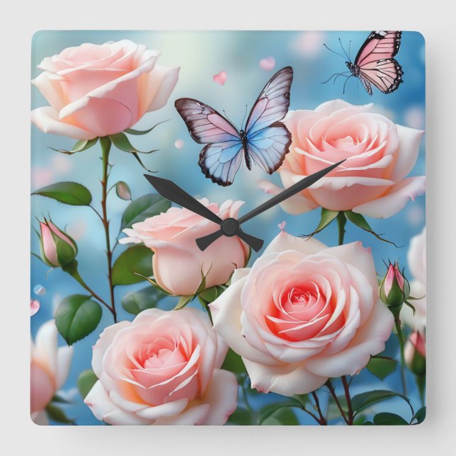 Horloge Carrée Papillon bleu rose doux (Recto)