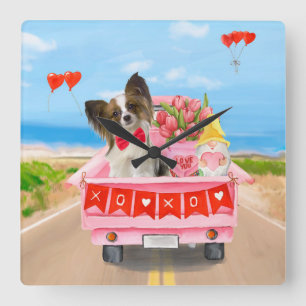 Horloge Carrée Papillon Chien Saint-Valentin Coeurs de Camion