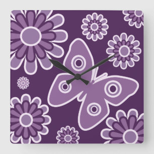 Horloge Carrée Papillon de printemps fleuri violet et lavande mod
