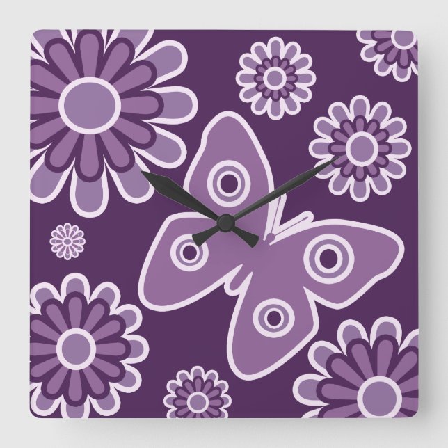 Horloge Carrée Papillon de printemps fleuri violet et lavande mod (Recto)