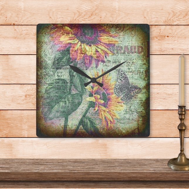 Horloge Carrée Papillon de tournesol rustique Gras Ephemera (Créateur téléchargé)