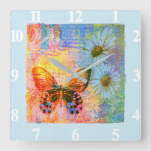 Horloge Carrée papillon et pâquerettes 