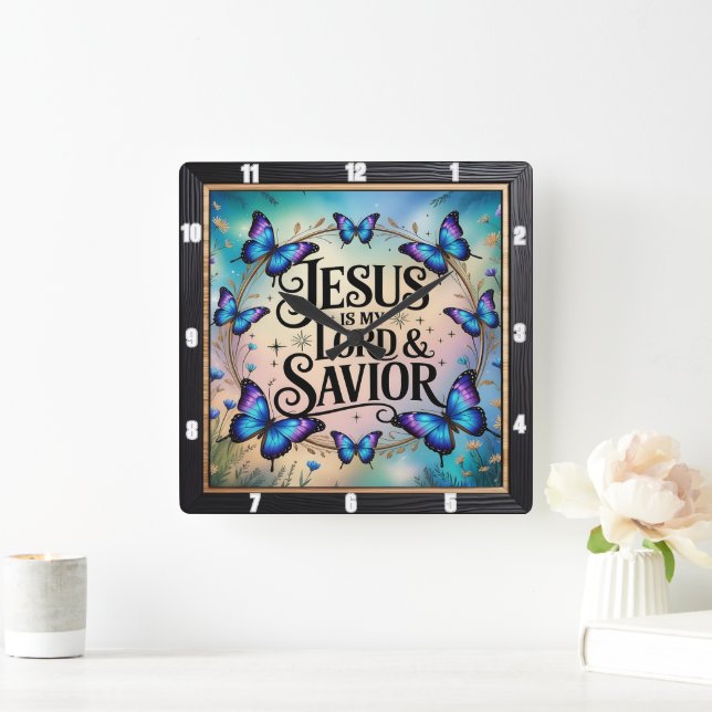 Horloge Carrée Papillon floral Jésus Sauveur (Maison)