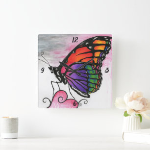 Horloge Carrée Papillon Monarque Arc-en-Ciel Original Fantastique