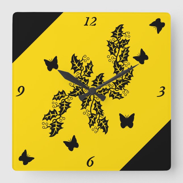 Horloge Carrée Papillon noir sur jaune (Recto)