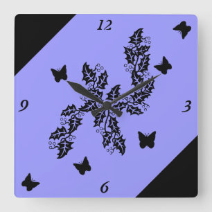 Horloge Carrée papillon noir sur lilas