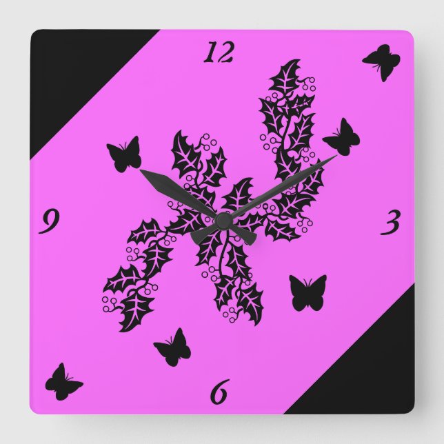 Horloge Carrée Papillon noir sur rose (Recto)