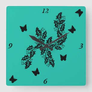 Horloge Carrée Papillon noir sur vert