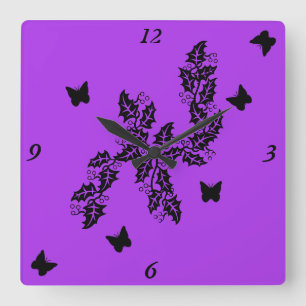Horloge Carrée Papillon noir sur violet