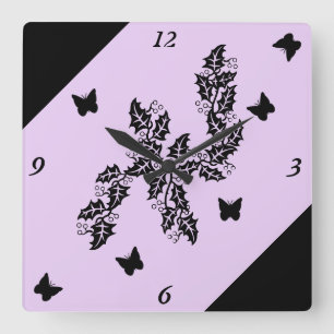 Horloge Carrée Papillon noir sur violet