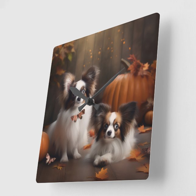 Horloge Carrée Papillon Puppy Automne Citrouille de plaisir (Angle)