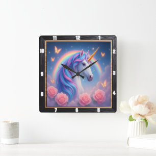 Horloge Carrée Papillon Rose Rainbow Unicorn