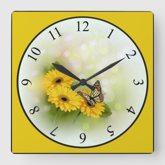 Horloge Carrée Papillon sur une marguerite jaune (Recto)