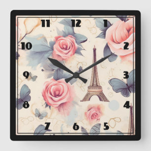 Horloge Carrée Papillon Tour Eiffel et Motif Rose