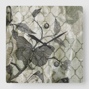 Horloge Carrée Papillons Arabesques I