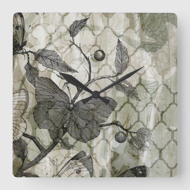 Horloge Carrée Papillons Arabesques I (Recto)