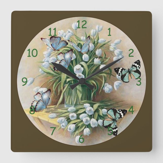 Horloge Carrée Papillons Autour Des Fleurs (Recto)