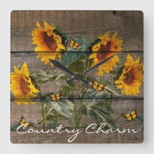 Horloge Carrée Papillons de tournesol rustique Barre