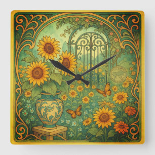 Horloge Carrée Papillons du jardin de tournesol vintage Art Nouve