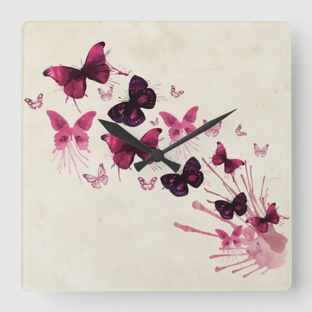 Horloge Carrée Papillons rose motif (Recto)