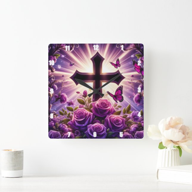 Horloge Carrée Papillons Roses violets Croix radieuse (Maison)
