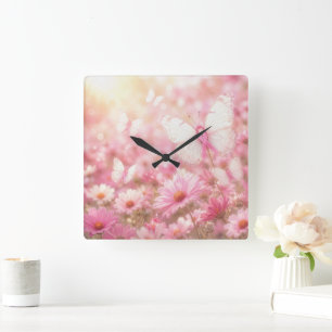 Horloge Carrée Papillons Ruban Rose dans le Jardin