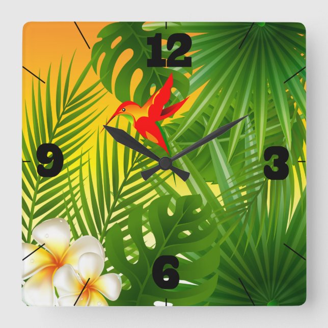 Horloge Carrée Paradis tropical avec un colibri (Recto)
