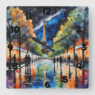 Horloge Carrée Paris la nuit reflétant l'eau de pluie