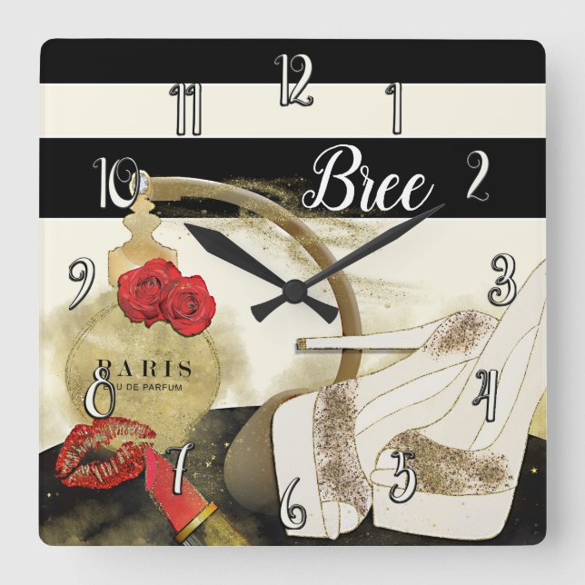 Horloge Carrée Paris Parfum Parfum Roses Talons & Rouge à Lèvres (Recto)