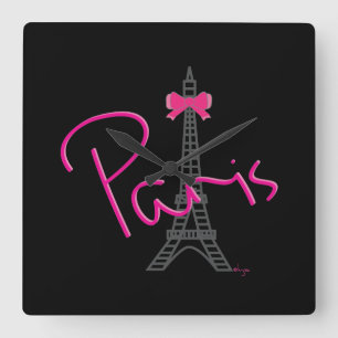 Horloge Carrée PARIS, Tour Eiffel avec Bow rose