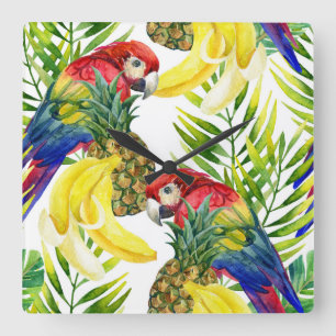 Horloge Carrée Parrots And Tropical Fruit