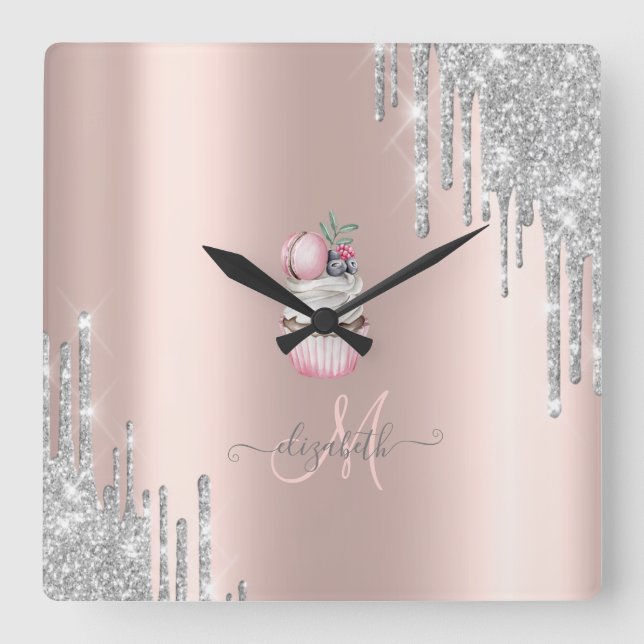 Horloge Carrée Parties scintillant argent Rose Monogramme  Cupcak (Recto)