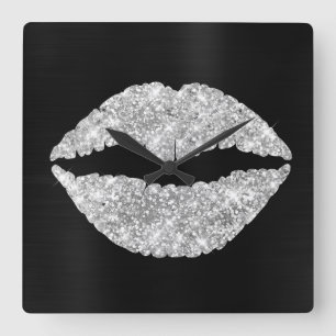 Horloge Carrée Parties scintillant argentée brillante à lèvre rou