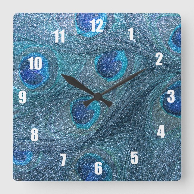 Horloge Carrée parties scintillant bleue brumeuse plumes paon (Recto)
