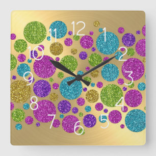Horloge Carrée Parties scintillant colorée Points Or Acrylique Ho