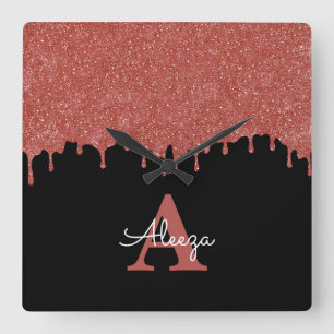 Horloge Carrée Parties scintillant de monographies roses et noire