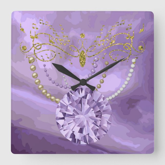 Horloge Carrée Parties scintillant d'or violet musique et bijoux  (Recto)